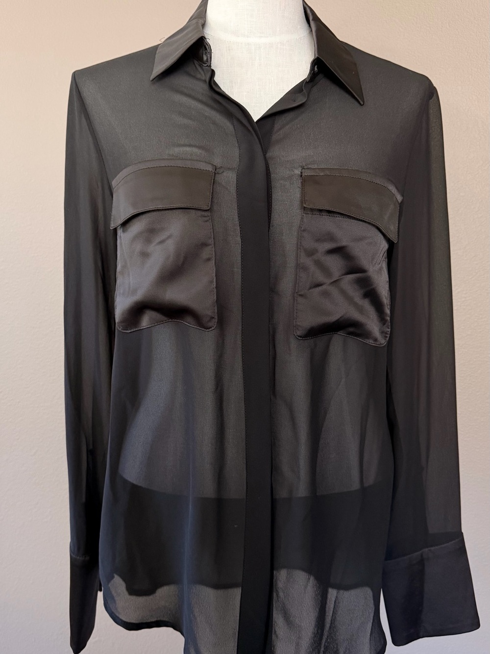 Elodie Black Sheer Satin-Pocket Dress Shirt